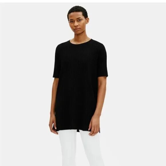 Eileen Fisher Tops - EILEEN FISHER Textured Stretch Rib Round Neck Tunic Black Size M